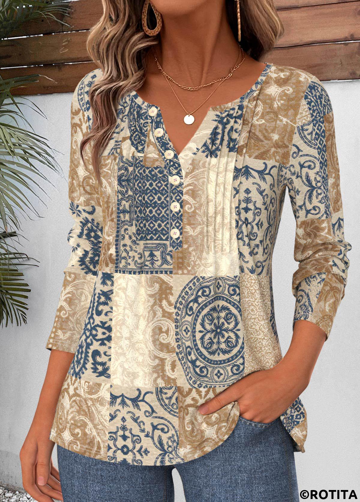 Multi Color tops,Tribal tops,ROTITA Tuck Stitch Tribal Print Multi Color T Shirt