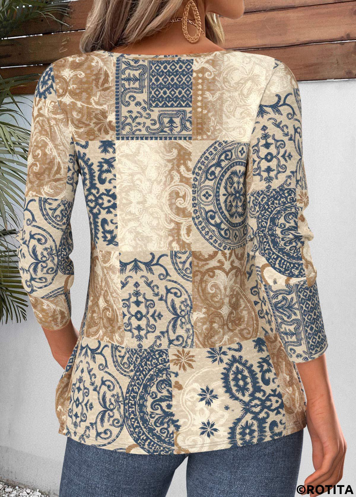 Multi Color tops,Tribal tops,ROTITA Tuck Stitch Tribal Print Multi Color T Shirt
