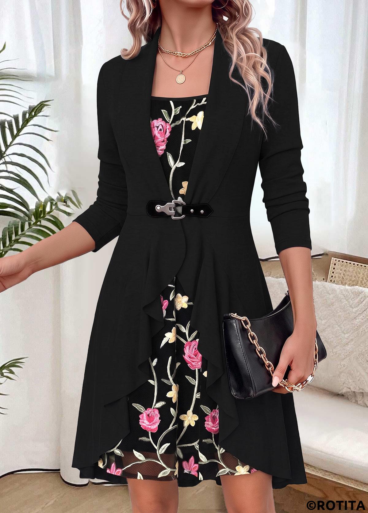 Black dresses,Plain Color dresses,Everyday dresses,Casual dresses,ROTITA Black Two-piece Round Neck Long Sleeve Dress and Cardigan