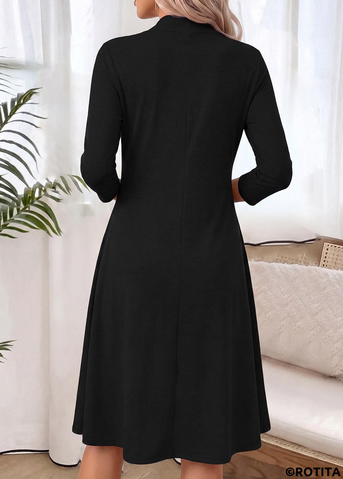 Black dresses,Plain Color dresses,Everyday dresses,Casual dresses,ROTITA Black Two-piece Round Neck Long Sleeve Dress and Cardigan