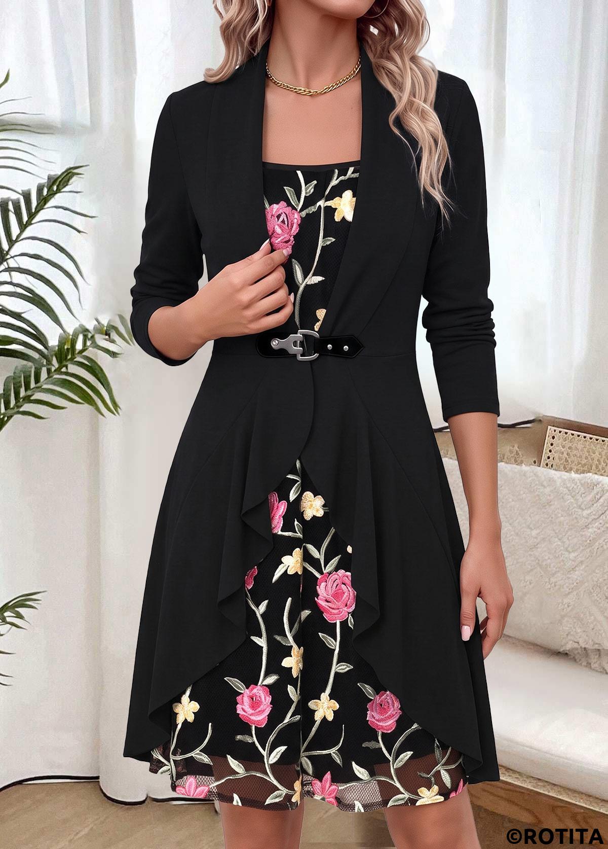 Black dresses,Plain Color dresses,Everyday dresses,Casual dresses,ROTITA Black Two-piece Round Neck Long Sleeve Dress and Cardigan