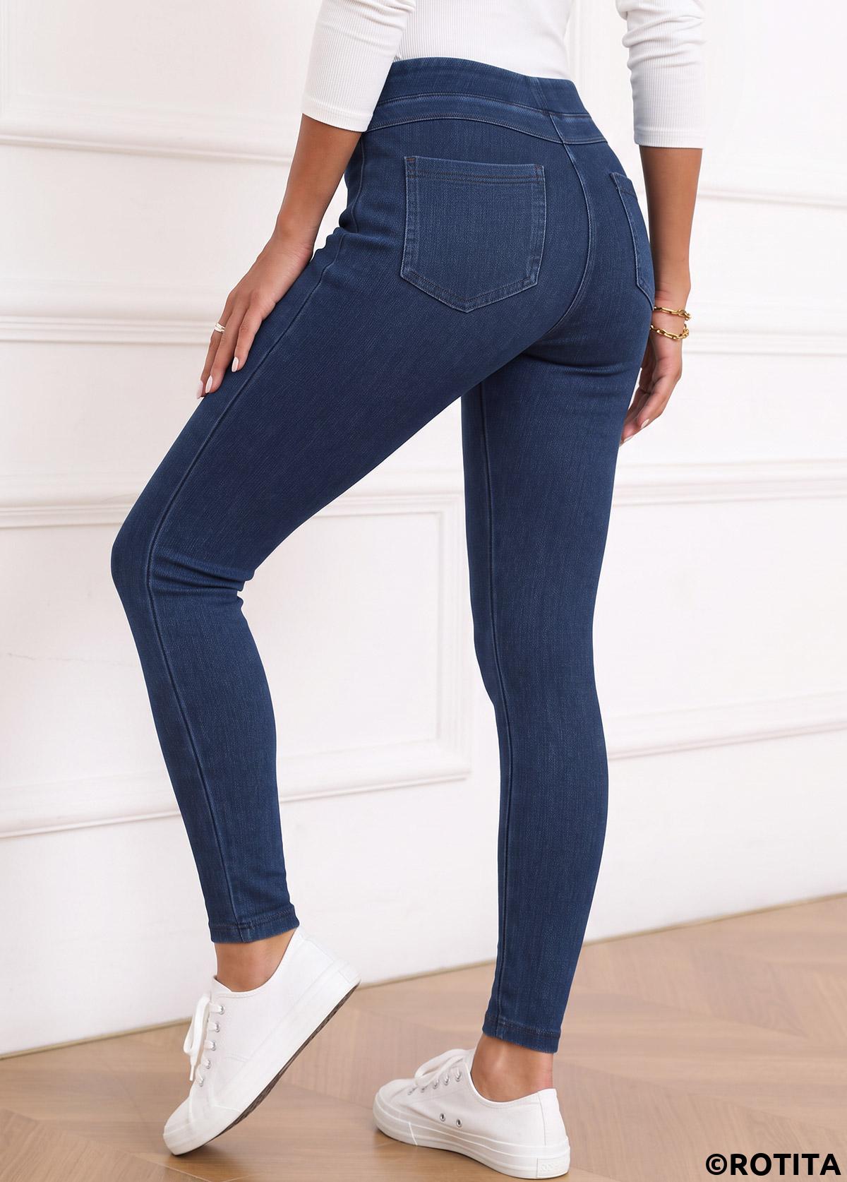 Denim Blue bottoms,Plain Color bottoms,ROTITA Soft Denim Blue Skinny Elastic Waist High Waisted Jeans