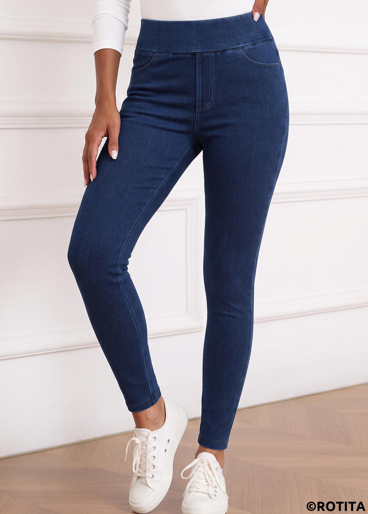 Denim Blue bottoms,Plain Color bottoms,ROTITA Soft Denim Blue Skinny Elastic Waist High Waisted Jeans