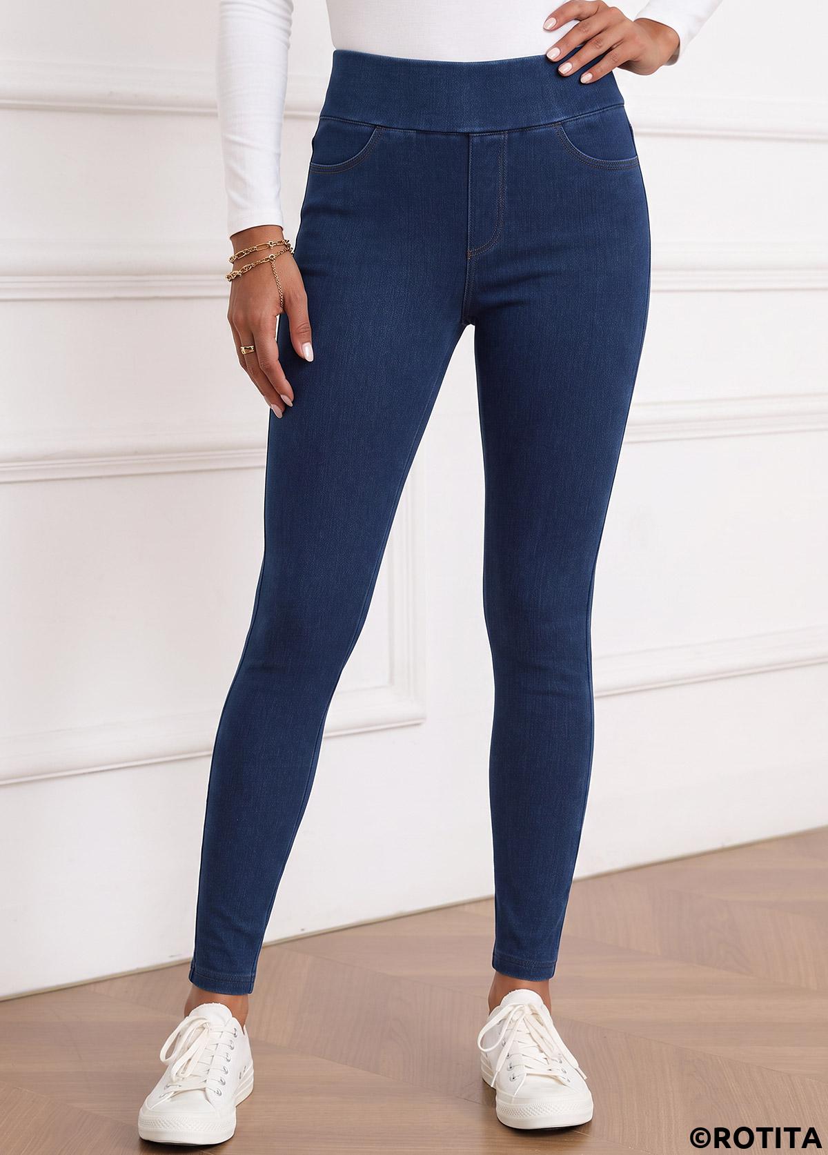 Denim Blue bottoms,Plain Color bottoms,ROTITA Soft Denim Blue Skinny Elastic Waist High Waisted Jeans