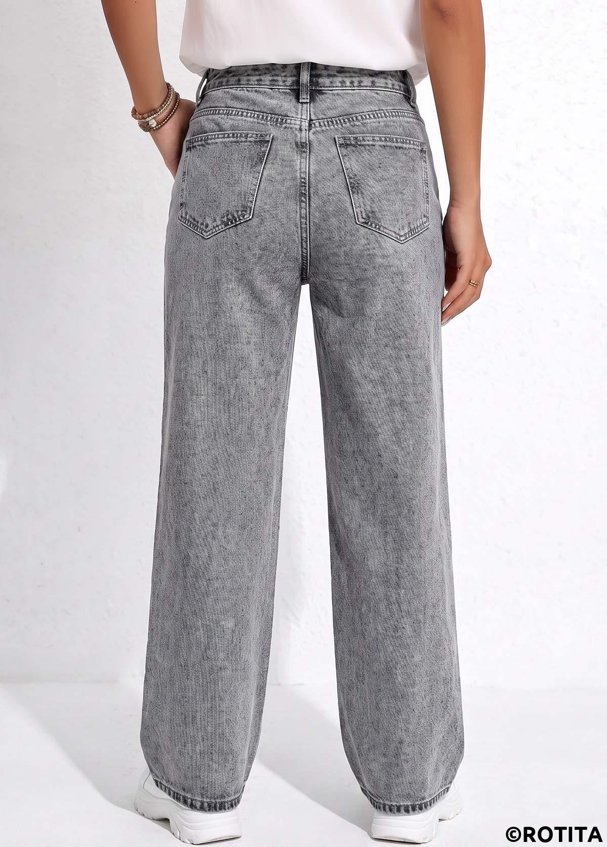 Grey bottoms,Plain Color bottoms,ROTITA Soft Grey Wide Leg Button Fly High Waisted Jeans