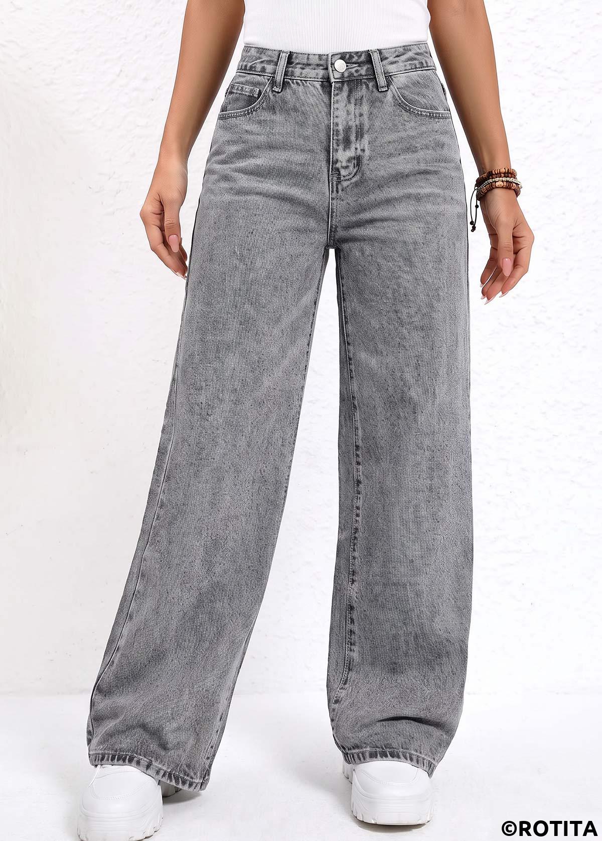 Grey bottoms,Plain Color bottoms,ROTITA Soft Grey Wide Leg Button Fly High Waisted Jeans