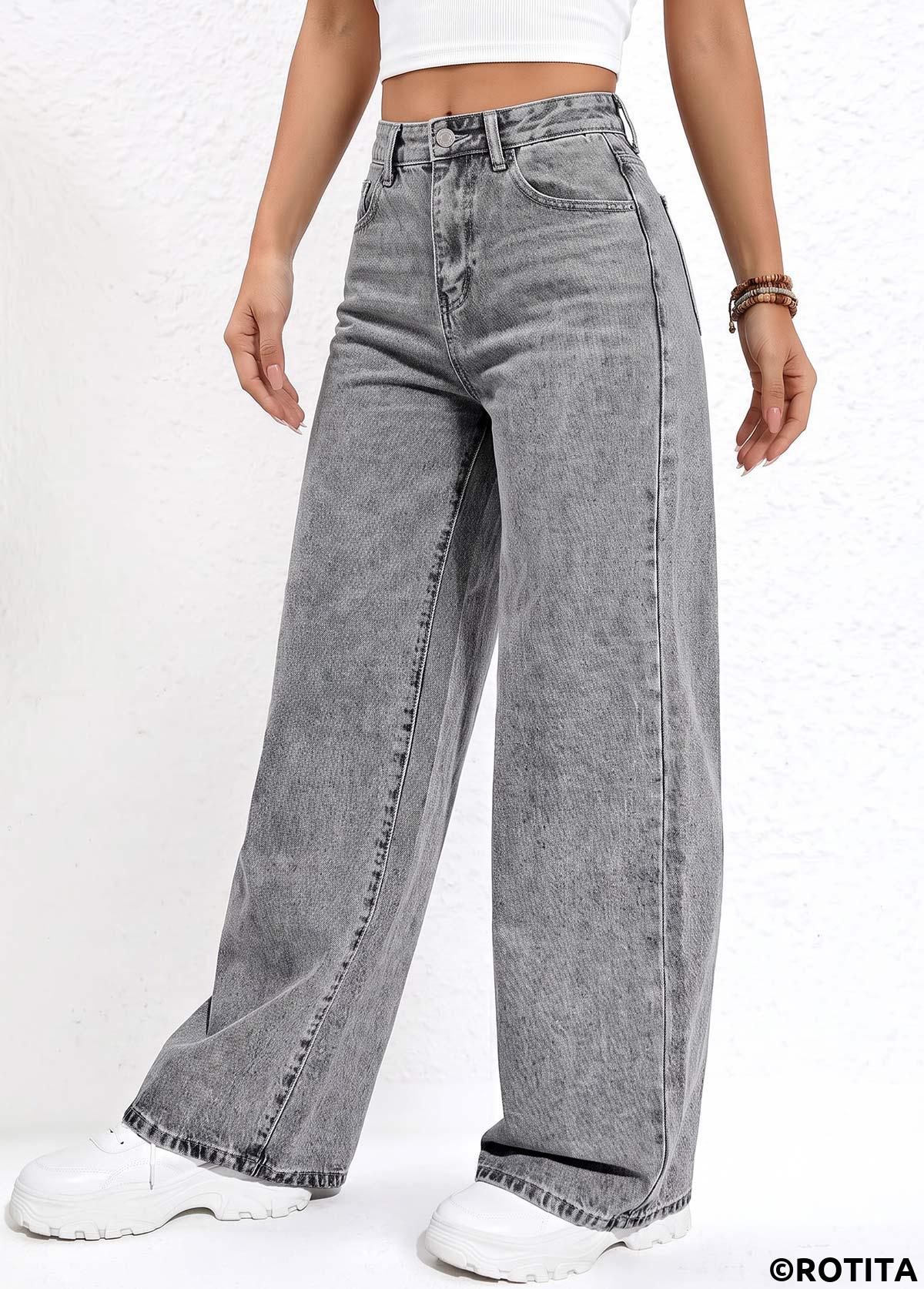 Grey bottoms,Plain Color bottoms,ROTITA Soft Grey Wide Leg Button Fly High Waisted Jeans