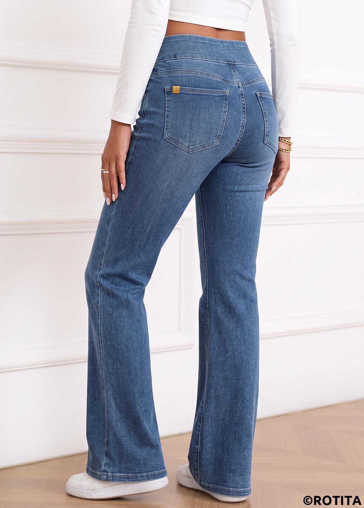 Denim Blue bottoms,Plain Color bottoms,ROTITA Soft Denim Blue Flare Leg Elastic Waist Jeans