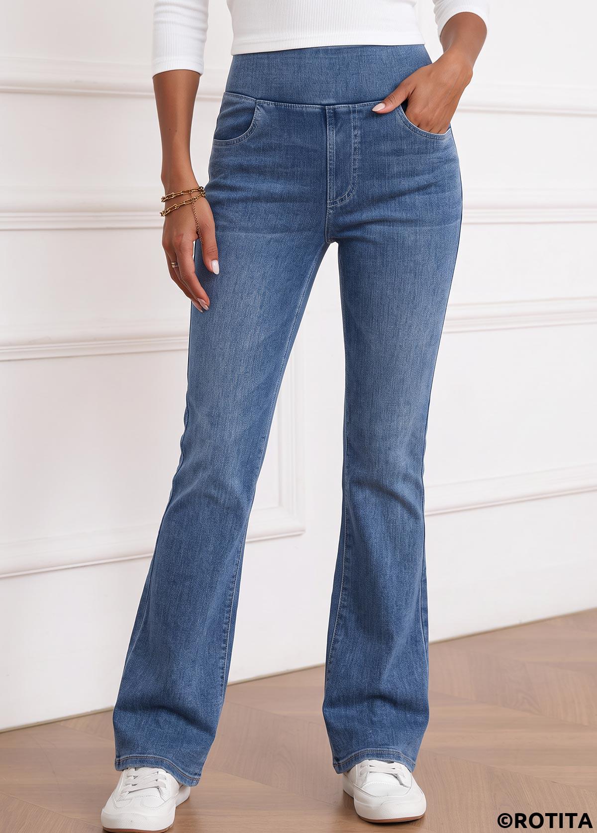 Denim Blue bottoms,Plain Color bottoms,ROTITA Soft Denim Blue Flare Leg Elastic Waist Jeans