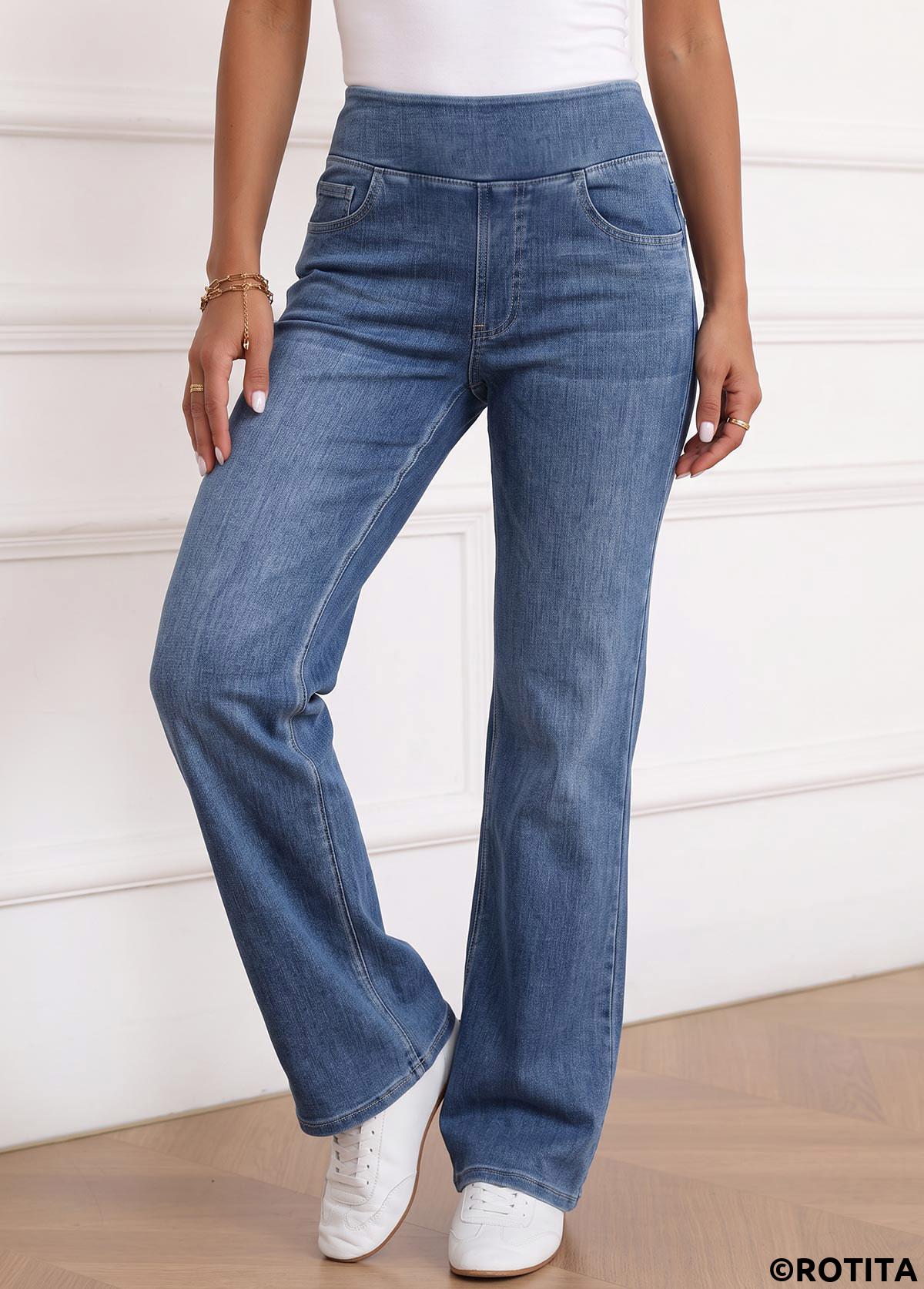 Denim Blue bottoms,Plain Color bottoms,ROTITA Soft Denim Blue Flare Leg Elastic Waist Jeans