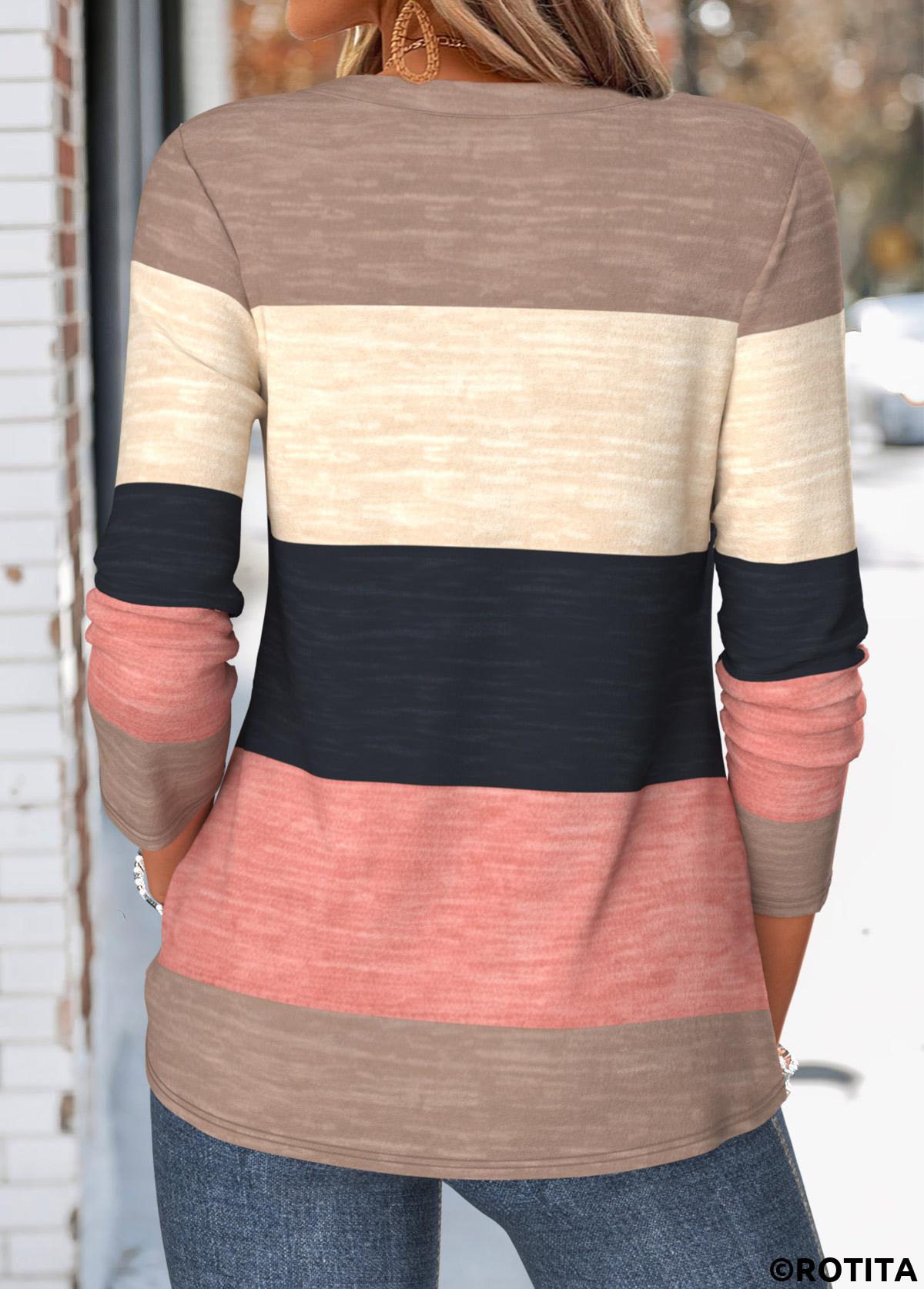 Multi Color tops,Striped tops,Geometric tops,ROTITA Curved Hem Striped Multi Color V Neck T Shirt