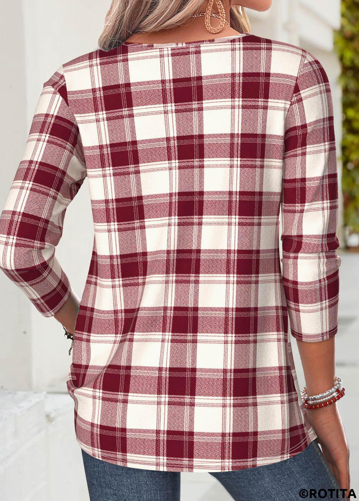 Red tops,Plaid tops,Geometric tops,ROTITA Tuck Stitch Plaid Red Split Neck T Shirt