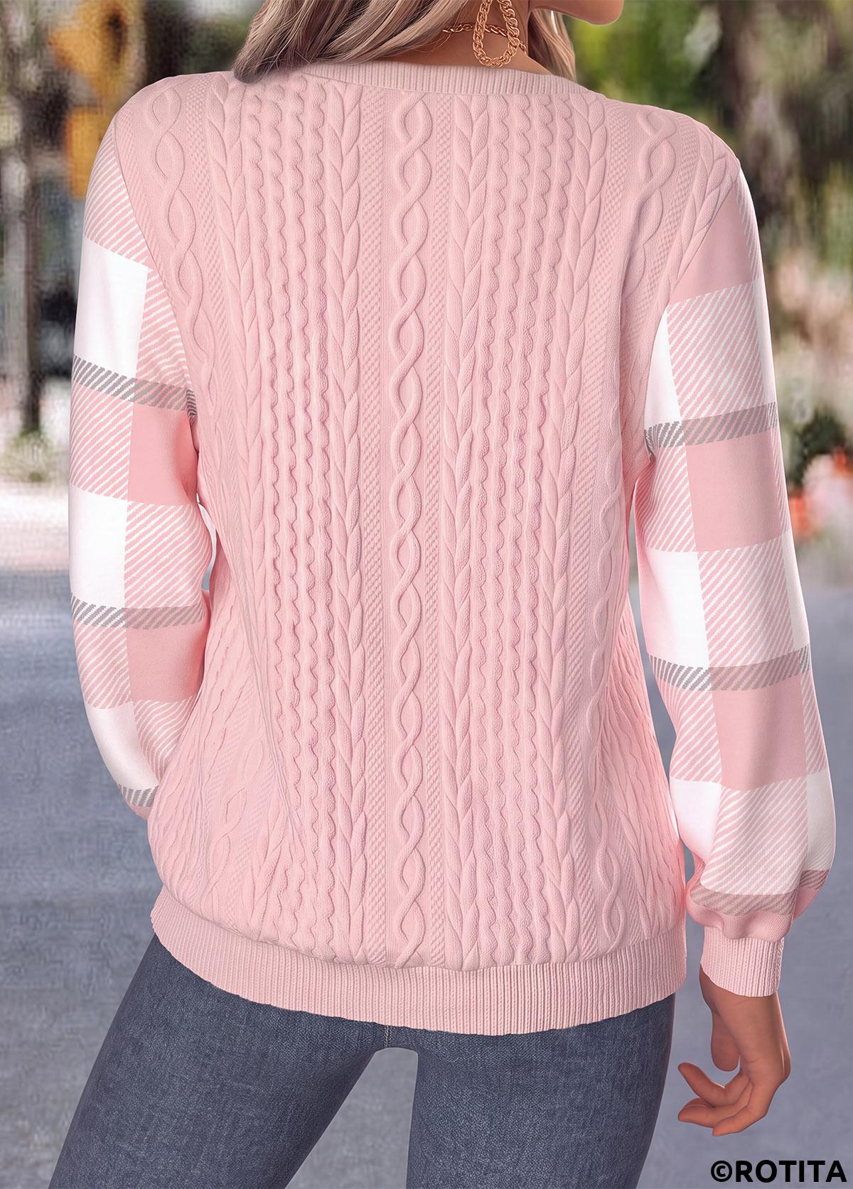 Light Pink tops,Plaid tops,Geometric tops,ROTITA Button Plaid Light Pink Long Sleeve Sweatshirt