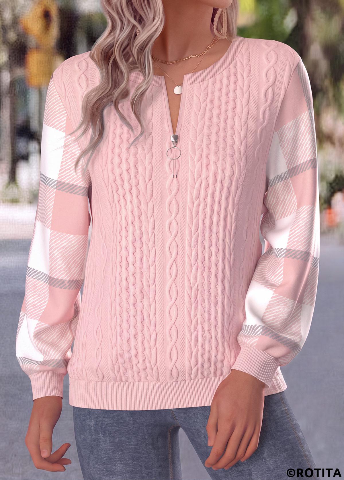 Light Pink tops,Plaid tops,Geometric tops,ROTITA Button Plaid Light Pink Long Sleeve Sweatshirt