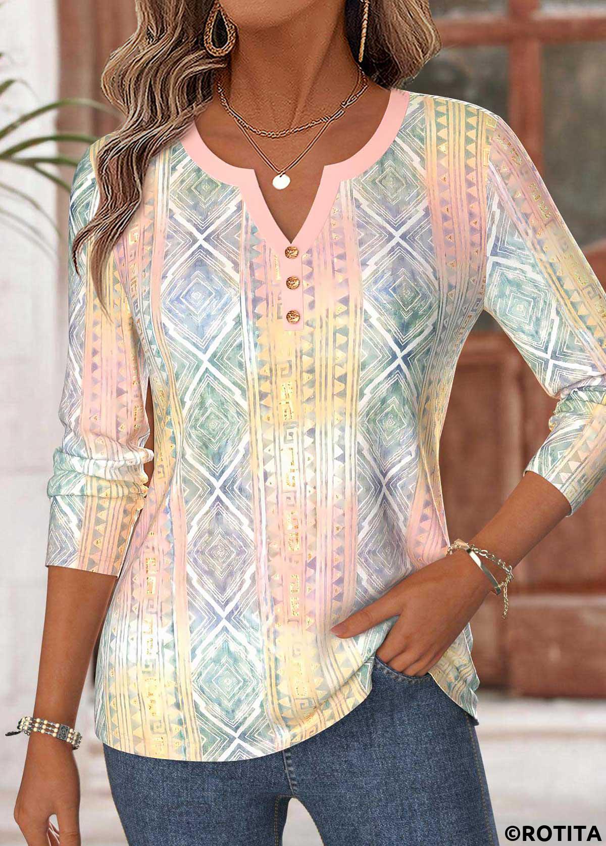 Multi Color tops,Geometric tops,ROTITA Curved Hem Geometric Print Multi Color T Shirt