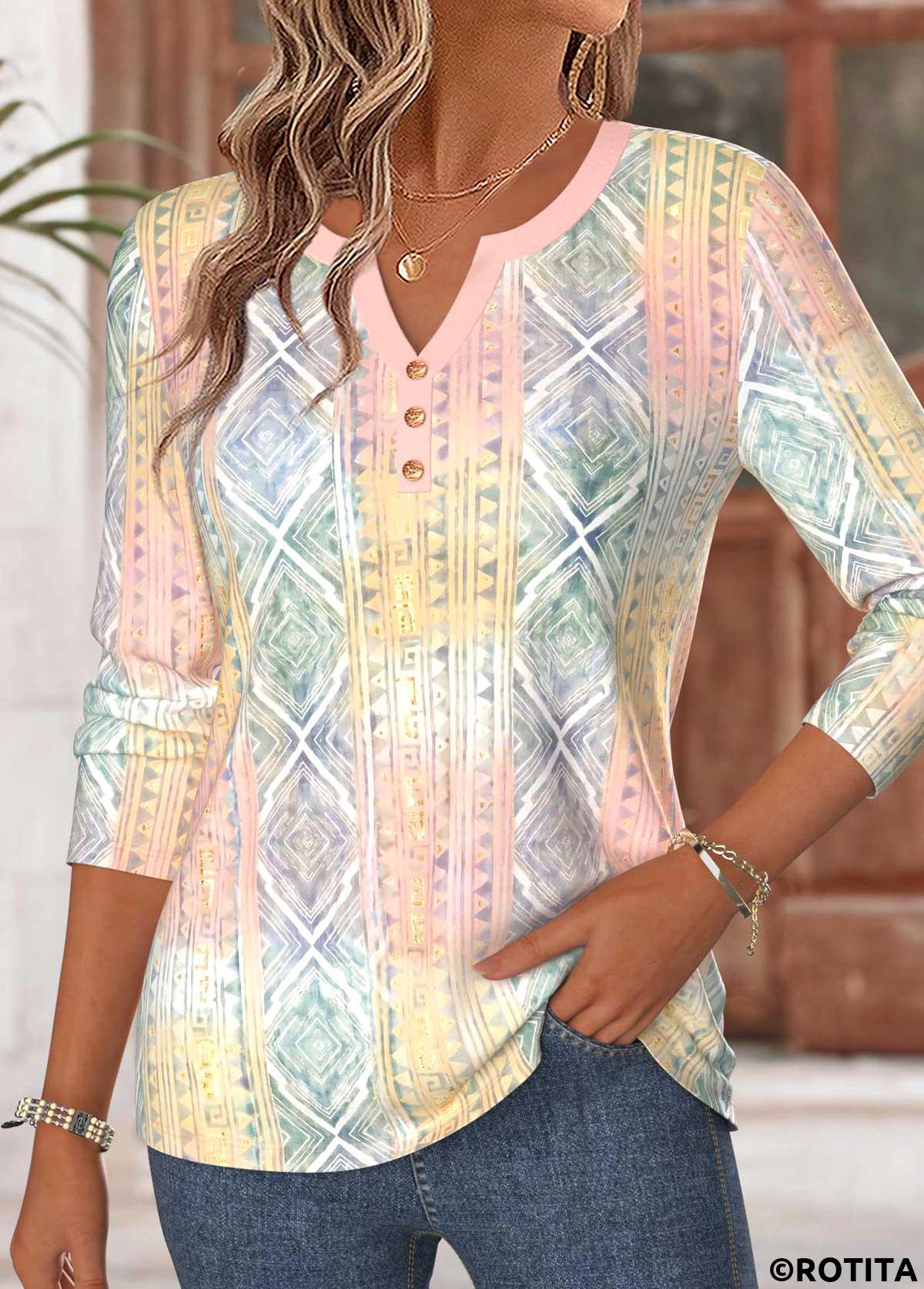 Multi Color tops,Geometric tops,ROTITA Curved Hem Geometric Print Multi Color T Shirt