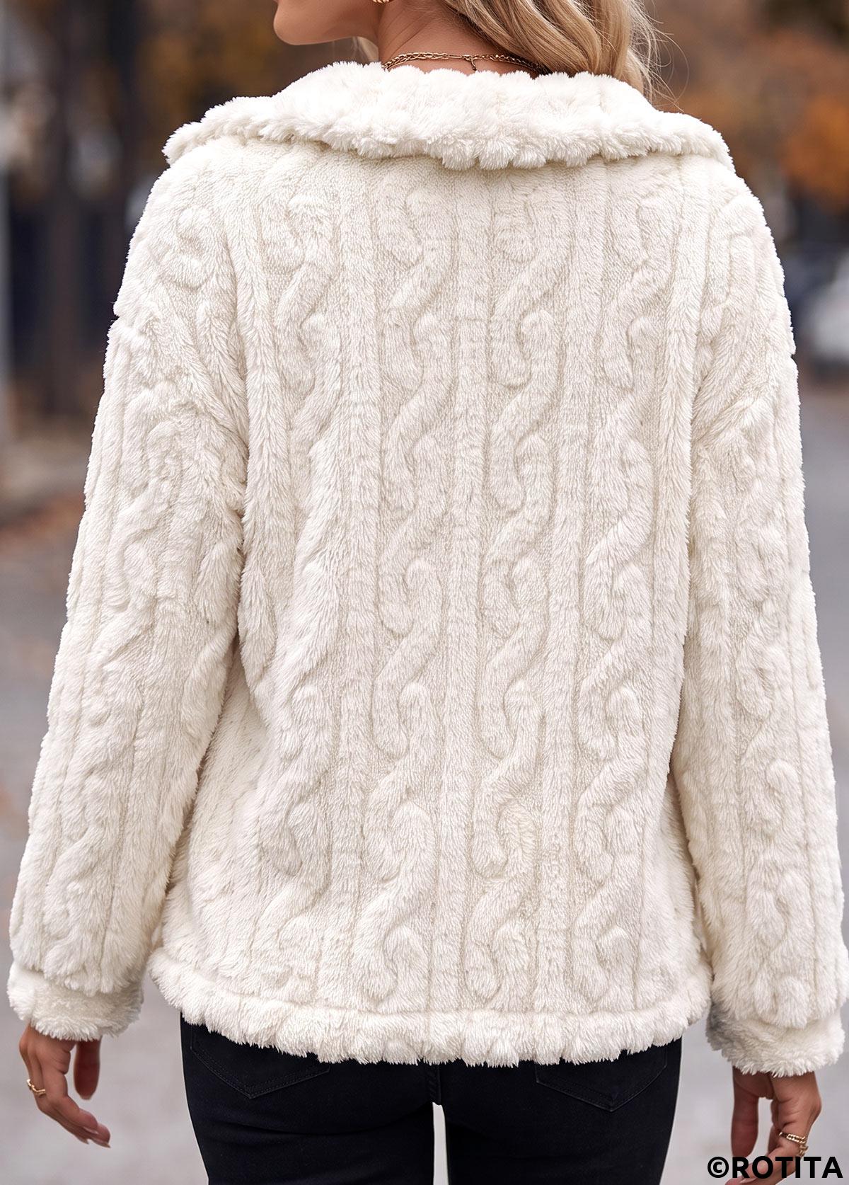 White tops,Plain Color tops,Tummy Coverage White Turn Down Collar Long Sleeve Coat