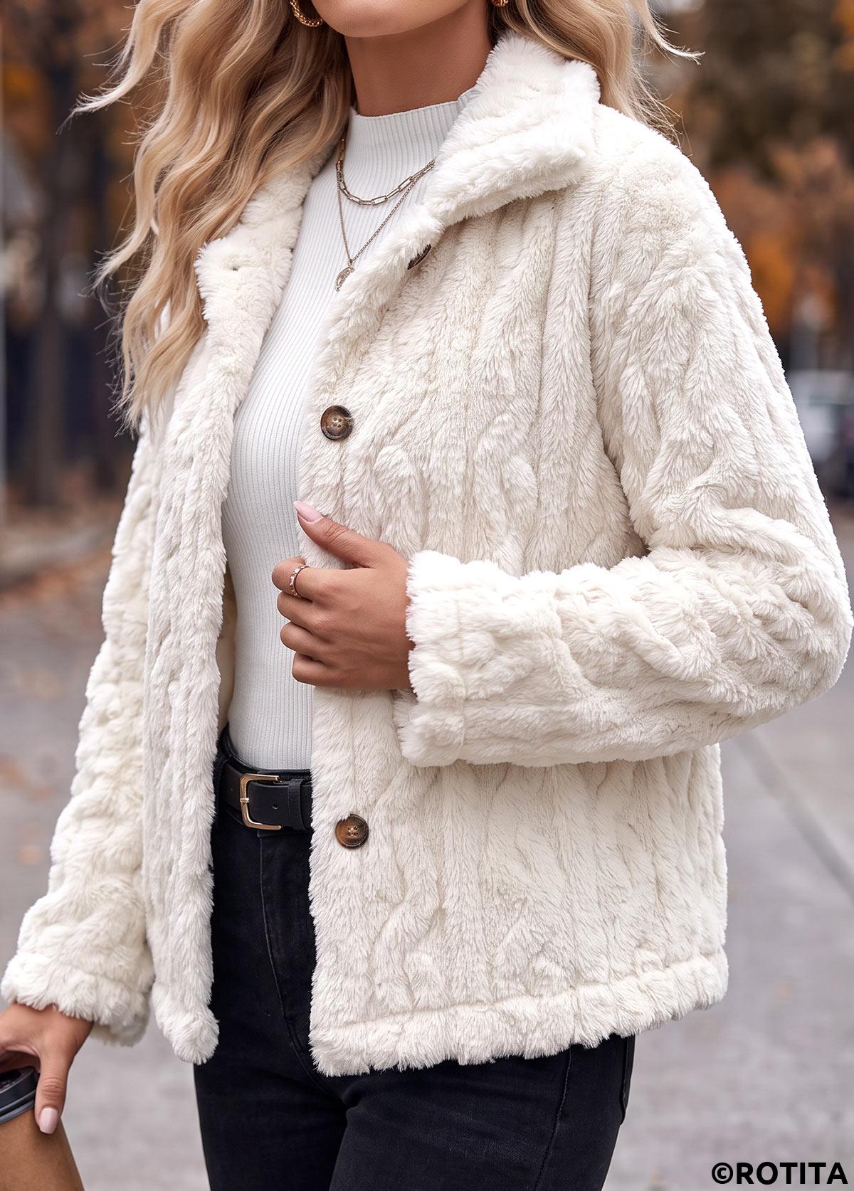 White tops,Plain Color tops,Tummy Coverage White Turn Down Collar Long Sleeve Coat