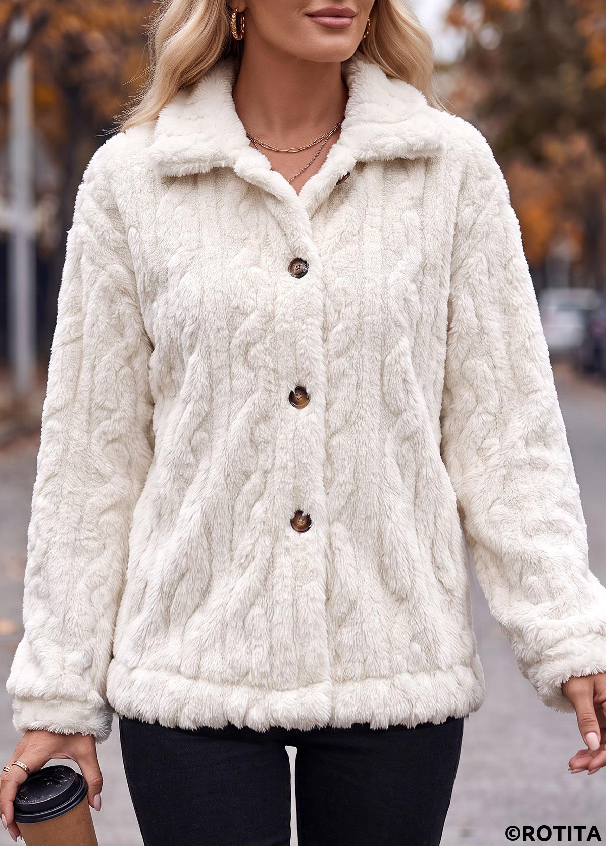 White tops,Plain Color tops,Tummy Coverage White Turn Down Collar Long Sleeve Coat