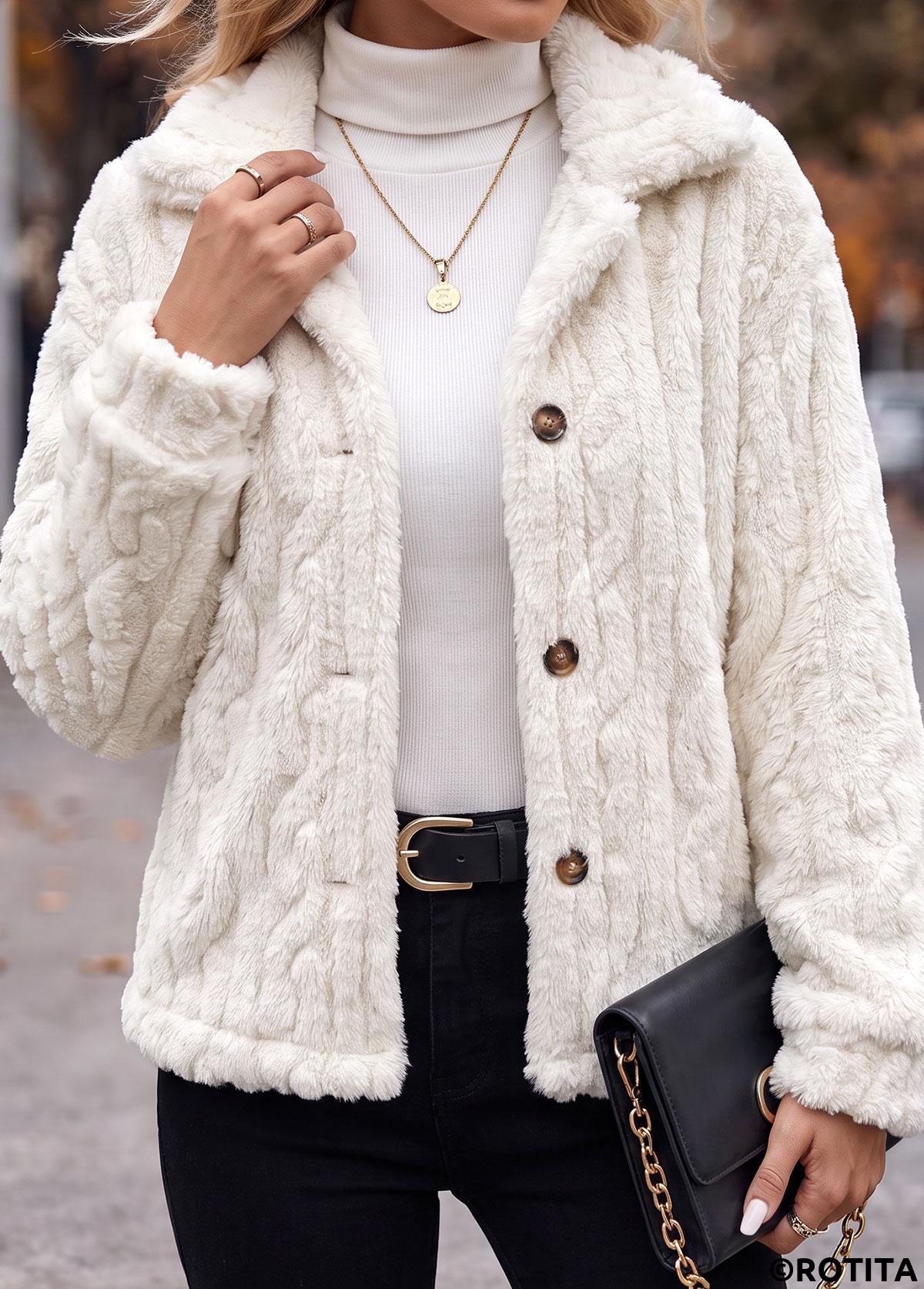 White tops,Plain Color tops,Tummy Coverage White Turn Down Collar Long Sleeve Coat