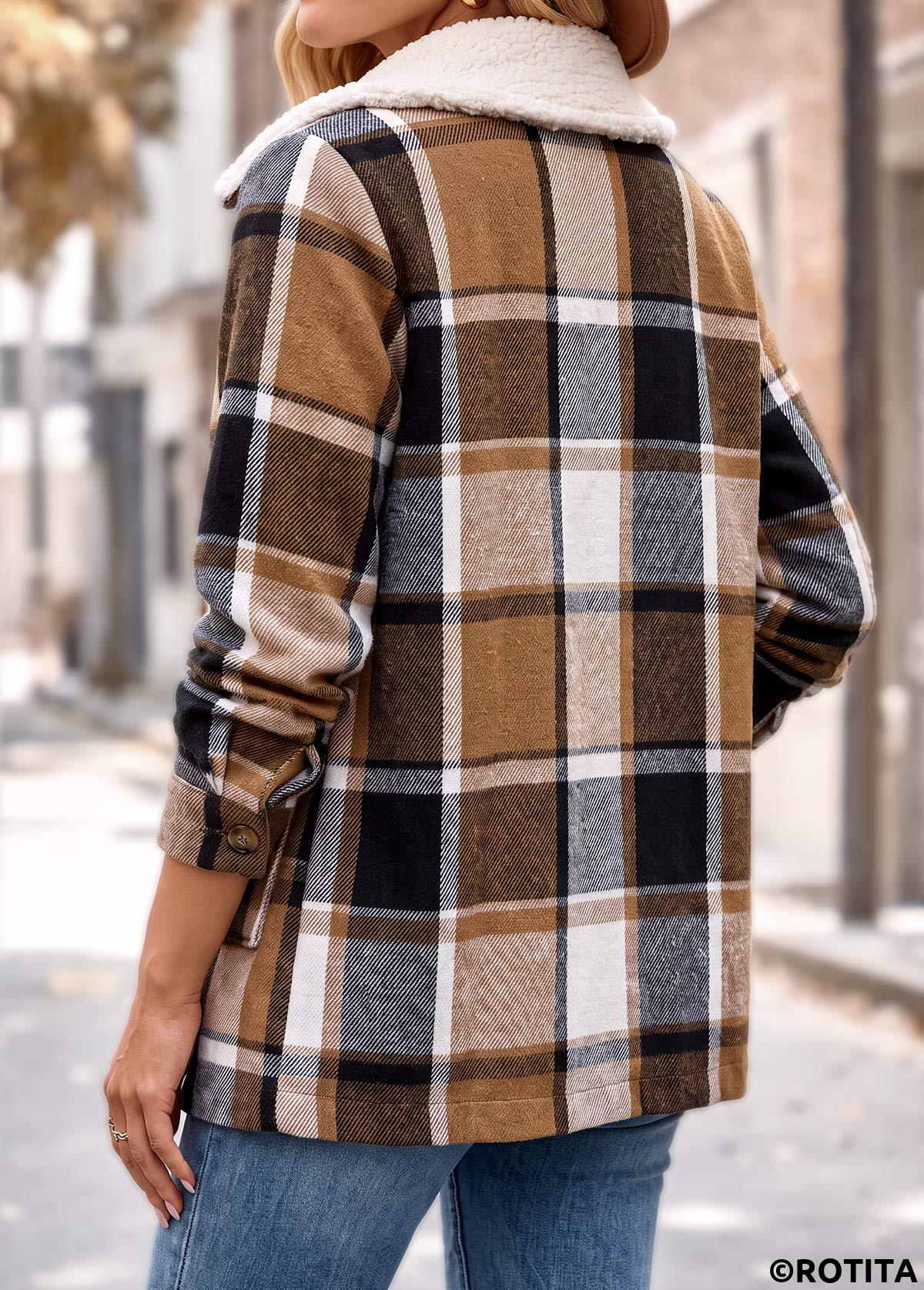 Light Coffee tops,Plaid tops,Geometric tops,Patch Pocket Plaid Light Coffee Turn Down Collar Coat