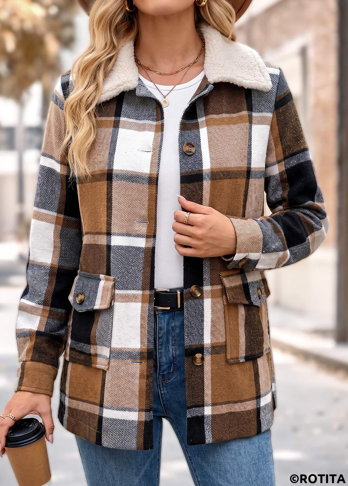 Light Coffee tops,Plaid tops,Geometric tops,Patch Pocket Plaid Light Coffee Turn Down Collar Coat