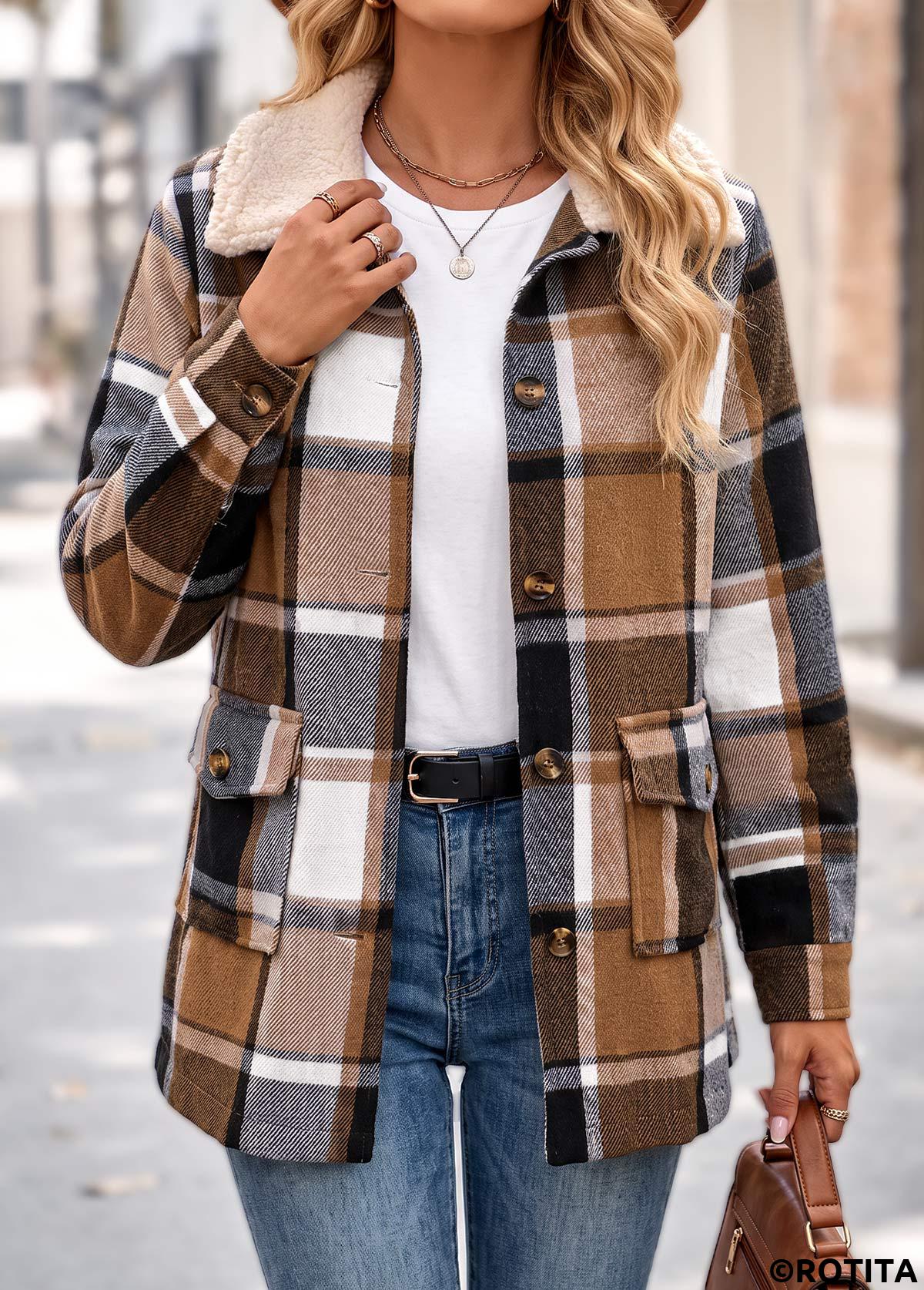 Light Coffee tops,Plaid tops,Geometric tops,Patch Pocket Plaid Light Coffee Turn Down Collar Coat