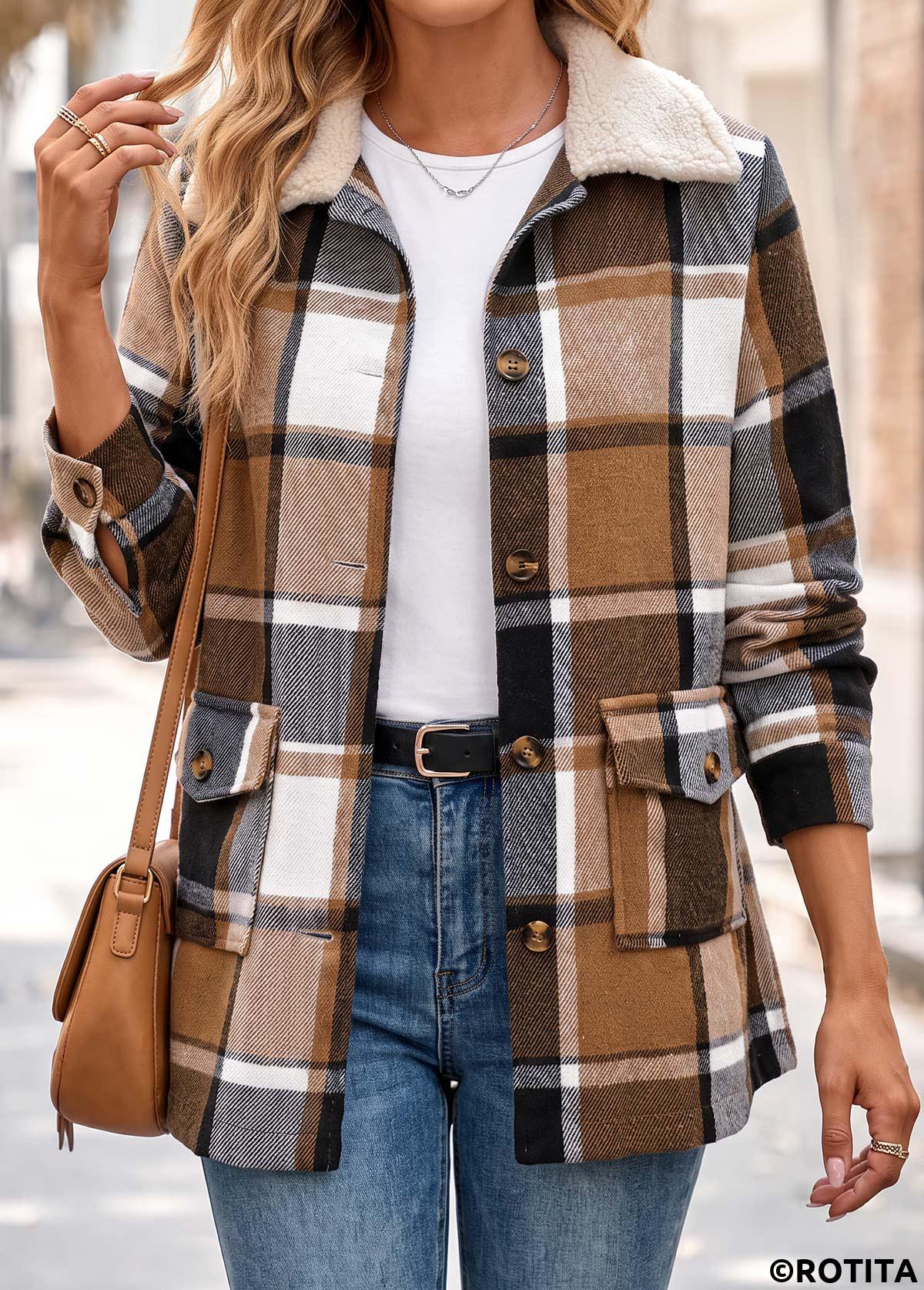 Light Coffee tops,Plaid tops,Geometric tops,Patch Pocket Plaid Light Coffee Turn Down Collar Coat