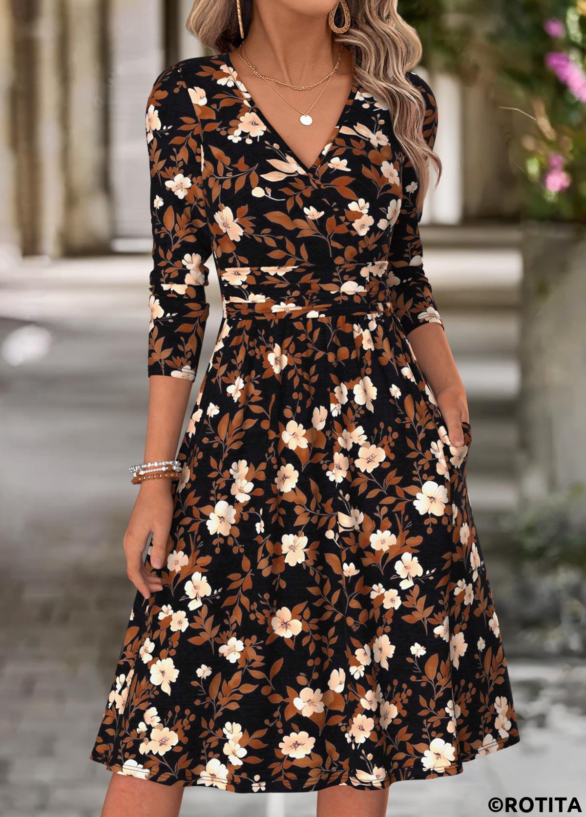 Multi Color dresses,Floral dresses,Plants dresses,Everyday dresses,Casual dresses,ROTITA Multi Color Floral Print Surplice V Neck Dress