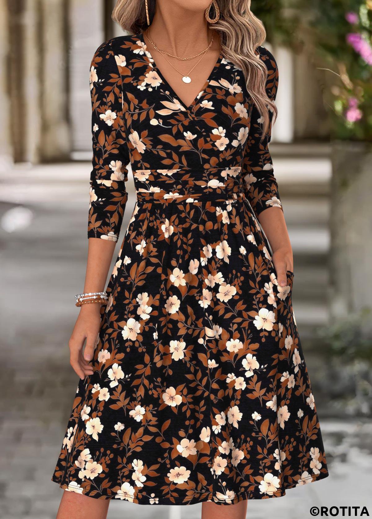 Multi Color dresses,Floral dresses,Plants dresses,Everyday dresses,Casual dresses,ROTITA Multi Color Floral Print Surplice V Neck Dress