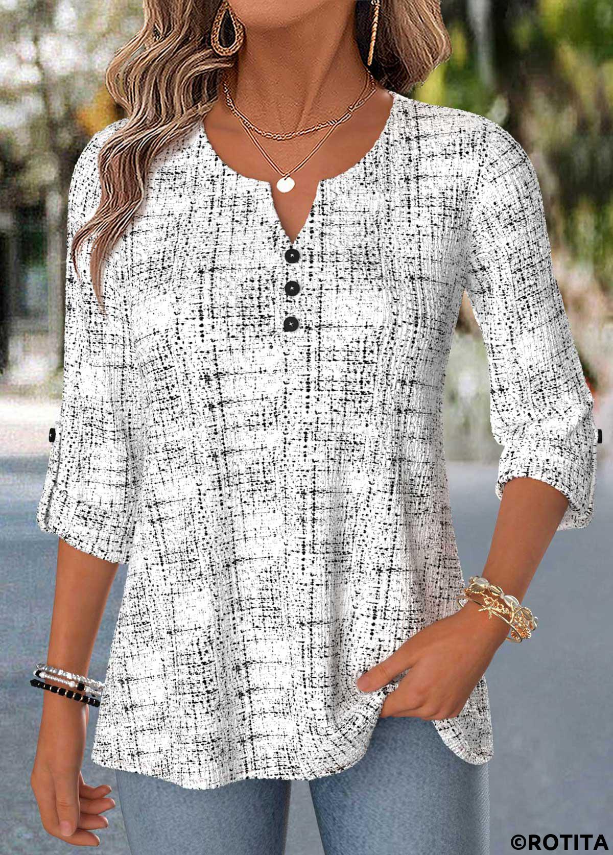 Raw white tops,Geometric tops,ROTITA Curved Hem Geometric Print Raw White Split Neck Blouse