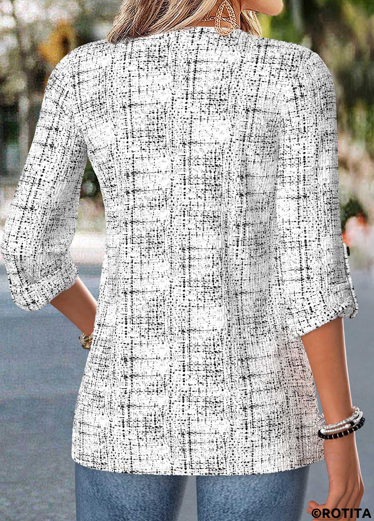 Raw white tops,Geometric tops,ROTITA Curved Hem Geometric Print Raw White Split Neck Blouse