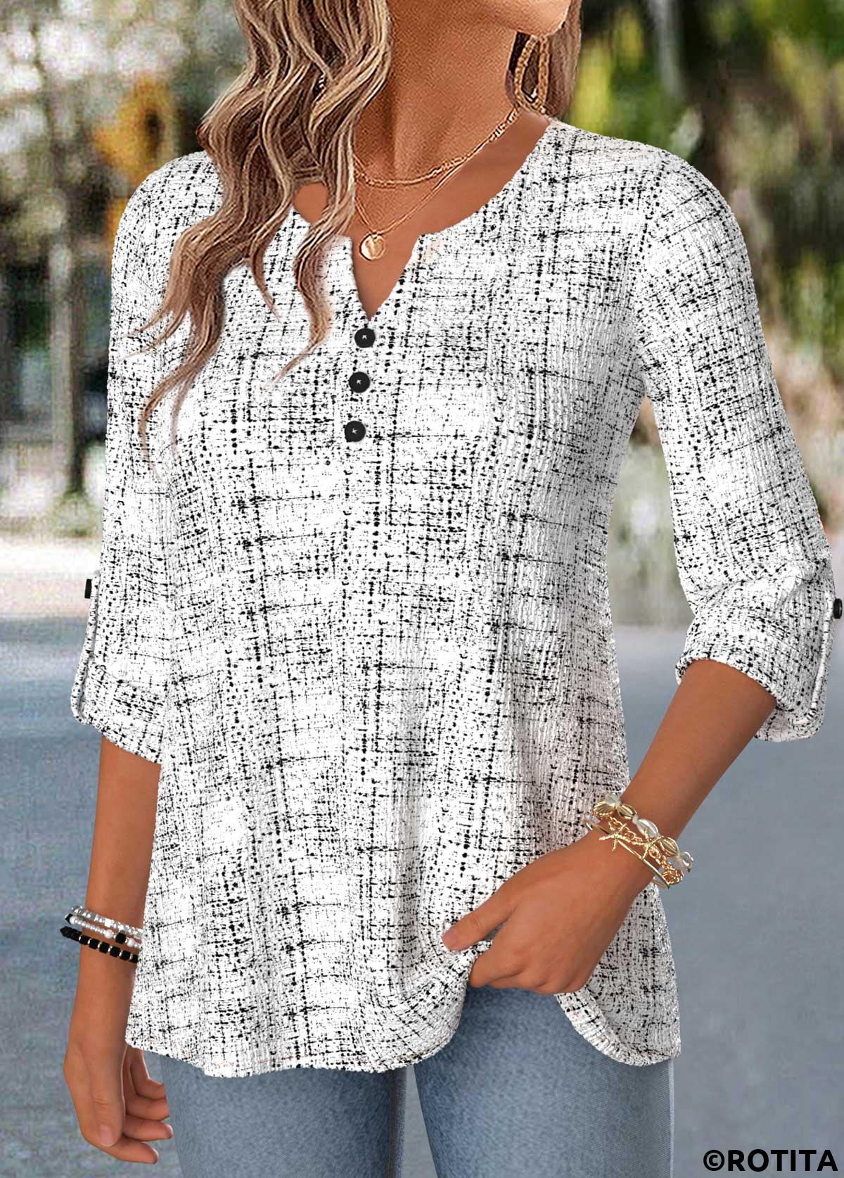 Raw white tops,Geometric tops,ROTITA Curved Hem Geometric Print Raw White Split Neck Blouse