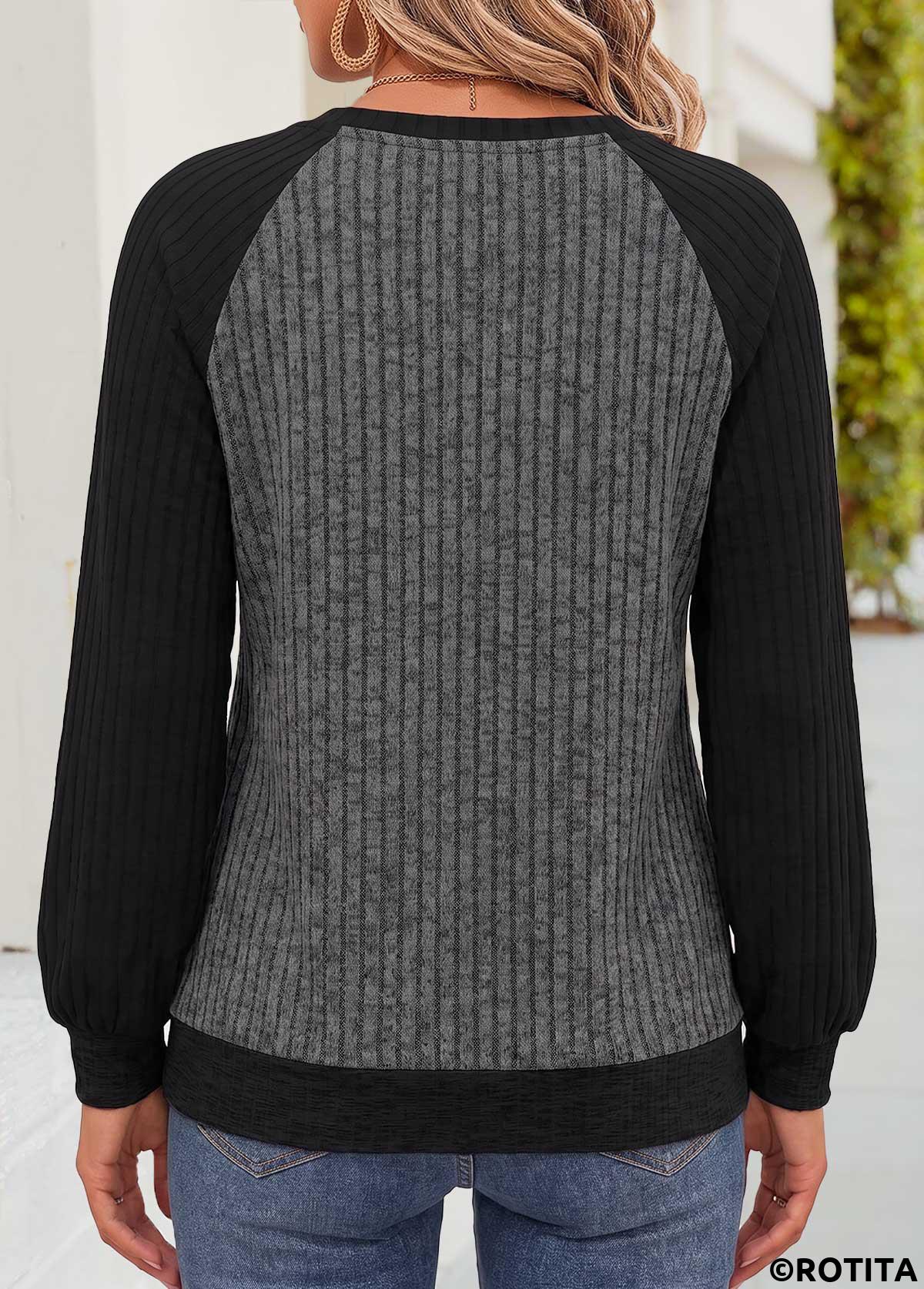 Dark Grey Marl tops,Contrast Color tops,ROTITA Tummy Coverage Dark Grey Marl Split Neck Sweatshirt