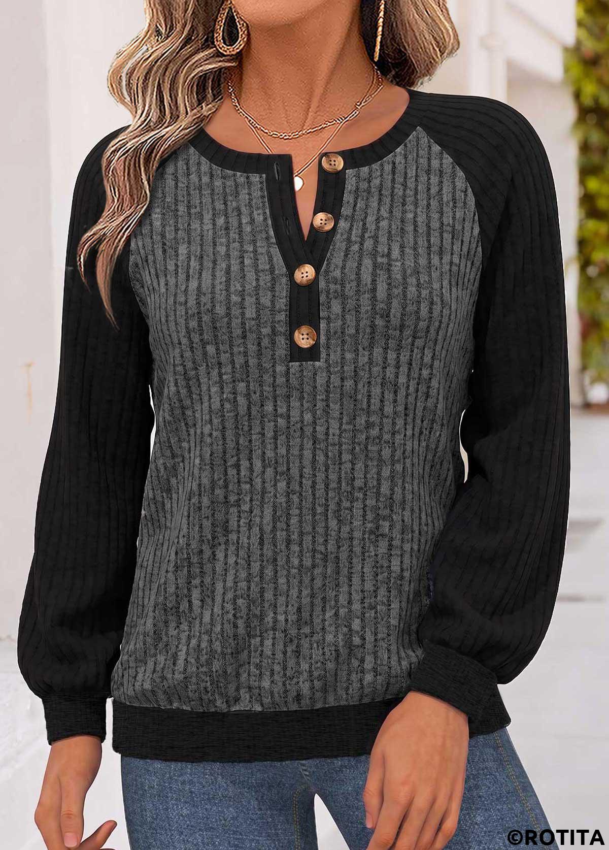 Dark Grey Marl tops,Contrast Color tops,ROTITA Tummy Coverage Dark Grey Marl Split Neck Sweatshirt