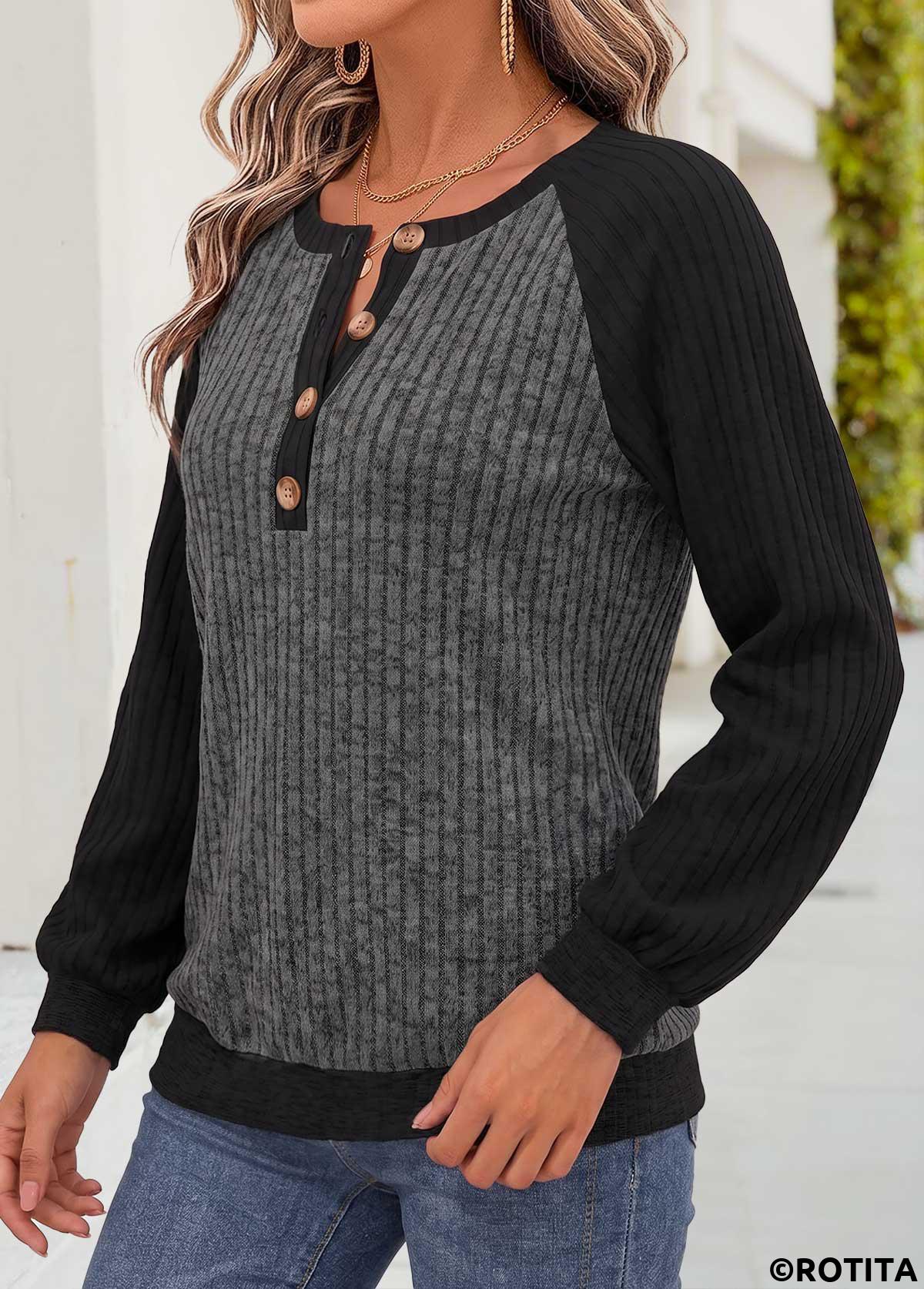 Dark Grey Marl tops,Contrast Color tops,ROTITA Tummy Coverage Dark Grey Marl Split Neck Sweatshirt