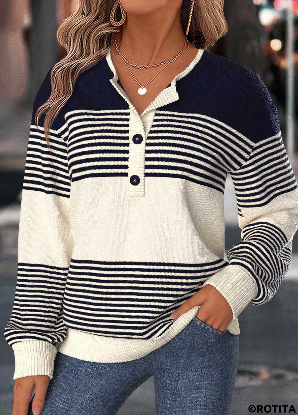 Navy tops,Striped tops,Geometric tops,ROTITA Tummy Coverage Striped Navy Split Neck Long Sleeve Sweater