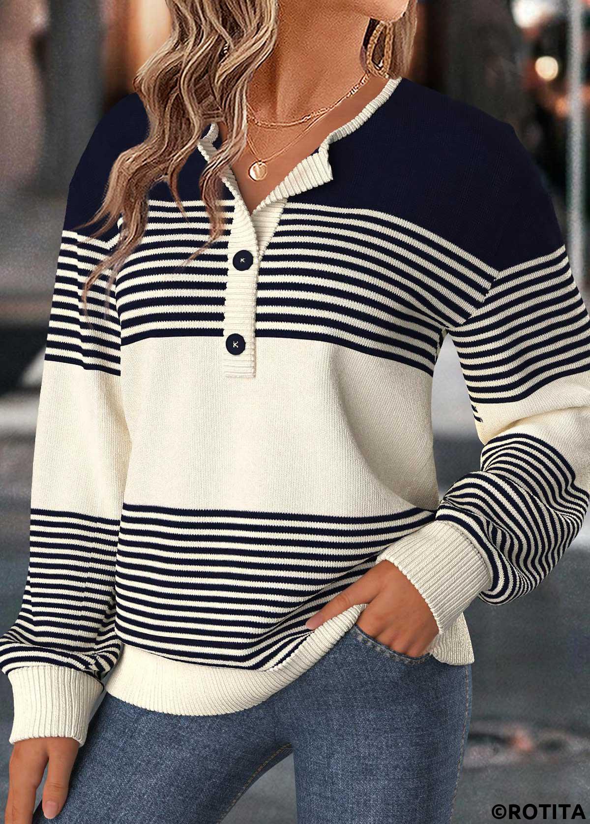 Navy tops,Striped tops,Geometric tops,ROTITA Tummy Coverage Striped Navy Split Neck Long Sleeve Sweater