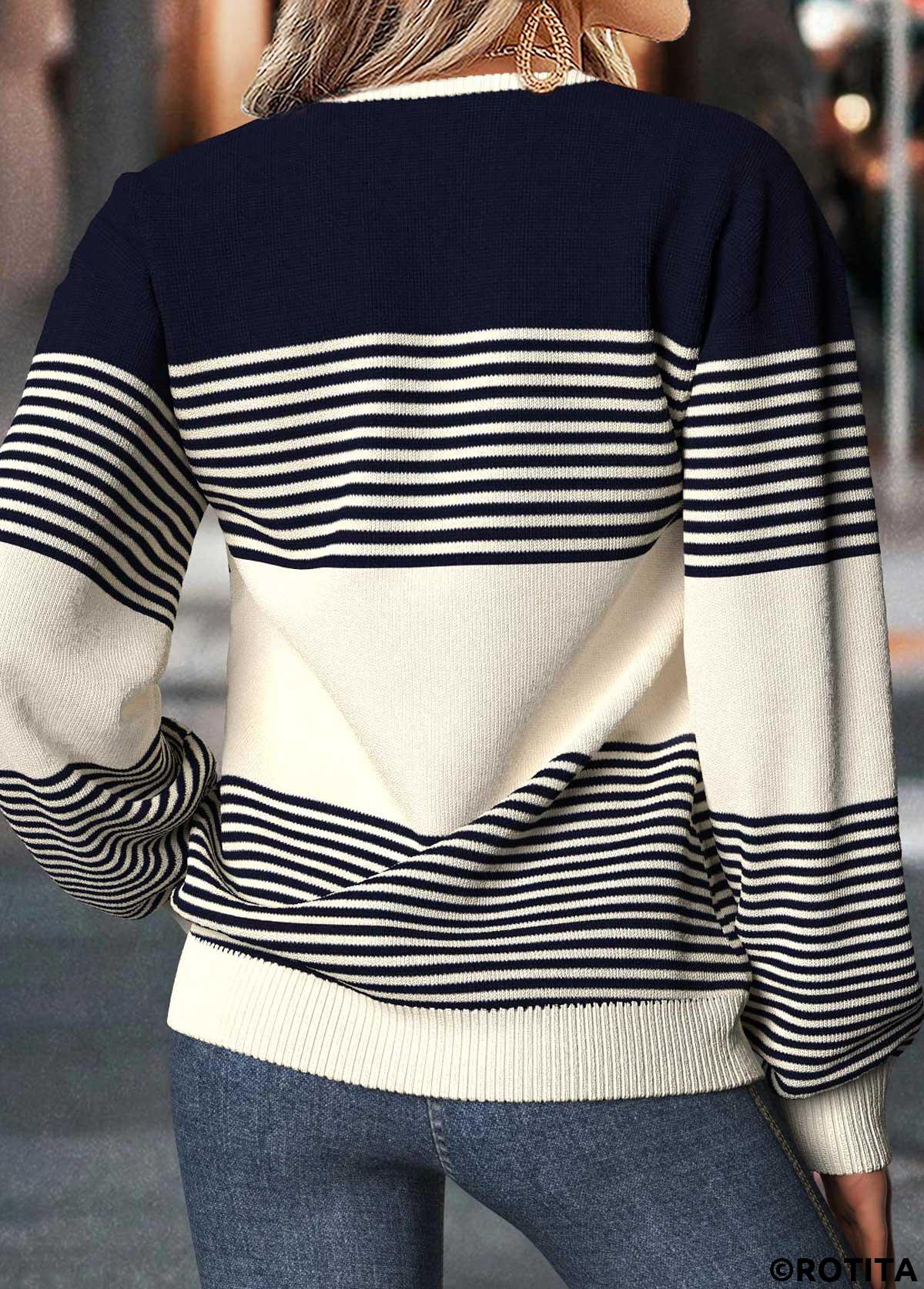 Navy tops,Striped tops,Geometric tops,ROTITA Tummy Coverage Striped Navy Split Neck Long Sleeve Sweater