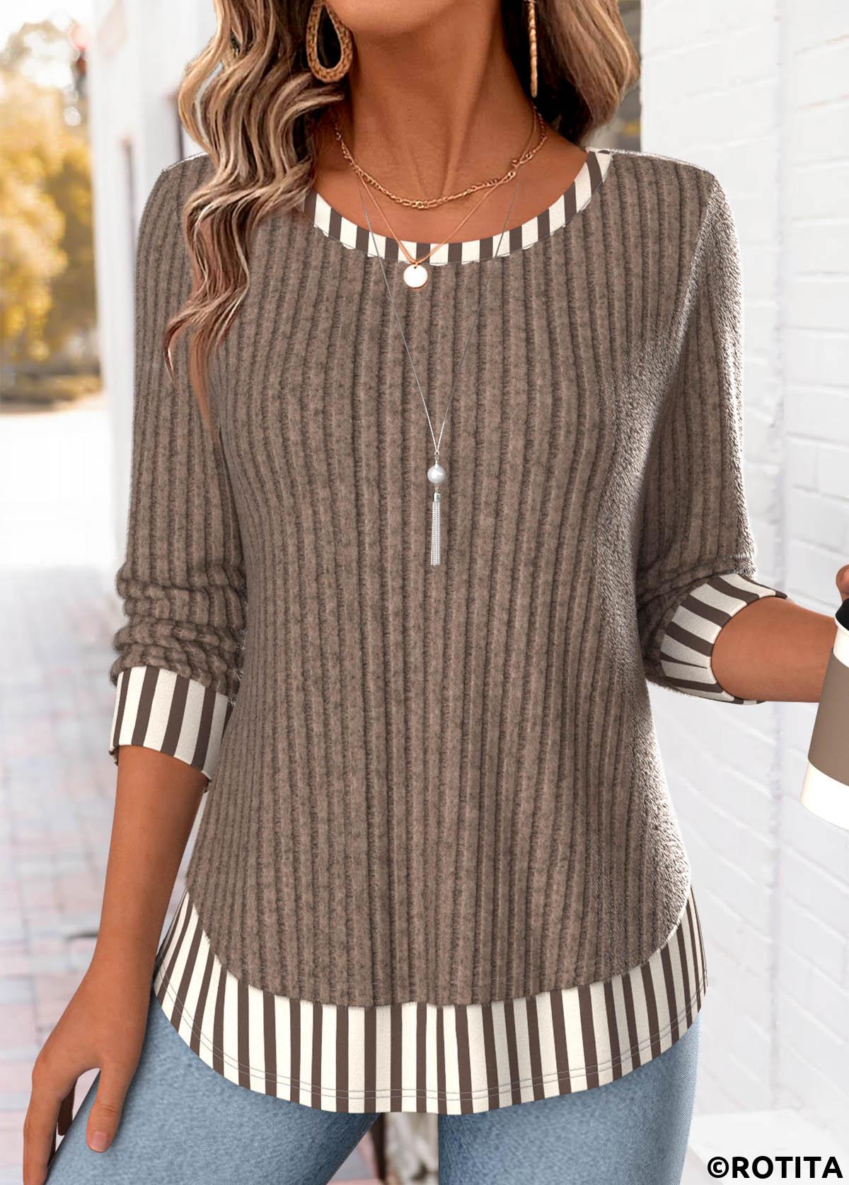 Dark Coffee tops,Striped tops,Geometric tops,ROTITA Fake 2in1 Striped Dark Coffee Round Neck T Shirt