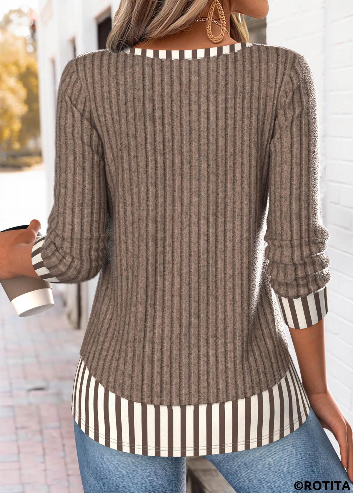 Dark Coffee tops,Striped tops,Geometric tops,ROTITA Fake 2in1 Striped Dark Coffee Round Neck T Shirt