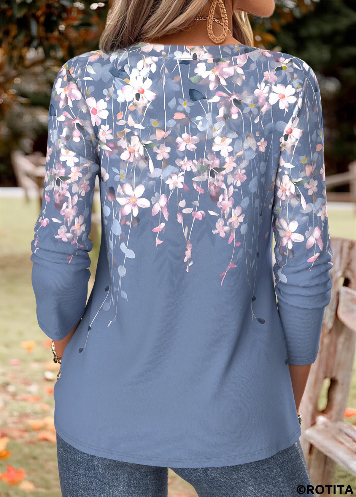Blue tops,Floral tops,Plants tops,ROTITA Curved Hem Floral Print Blue Split Neck T Shirt
