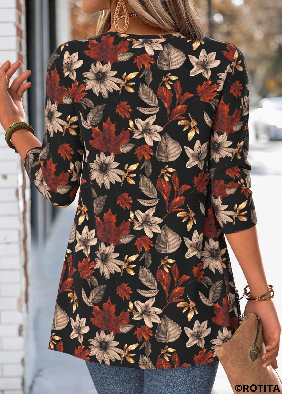 Black tops,Plants tops,ROTITA Leaf Print Black V Neck Fake Two Piece Twinset