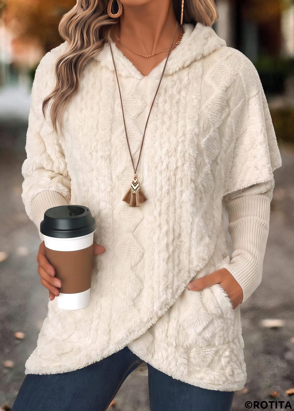 Beige tops,Plain Color tops,ROTITA Fake 2in1 Beige Long Sleeve Hoodie