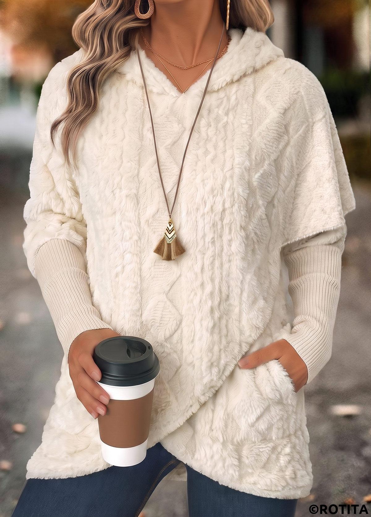 Beige tops,Plain Color tops,ROTITA Fake 2in1 Beige Long Sleeve Hoodie