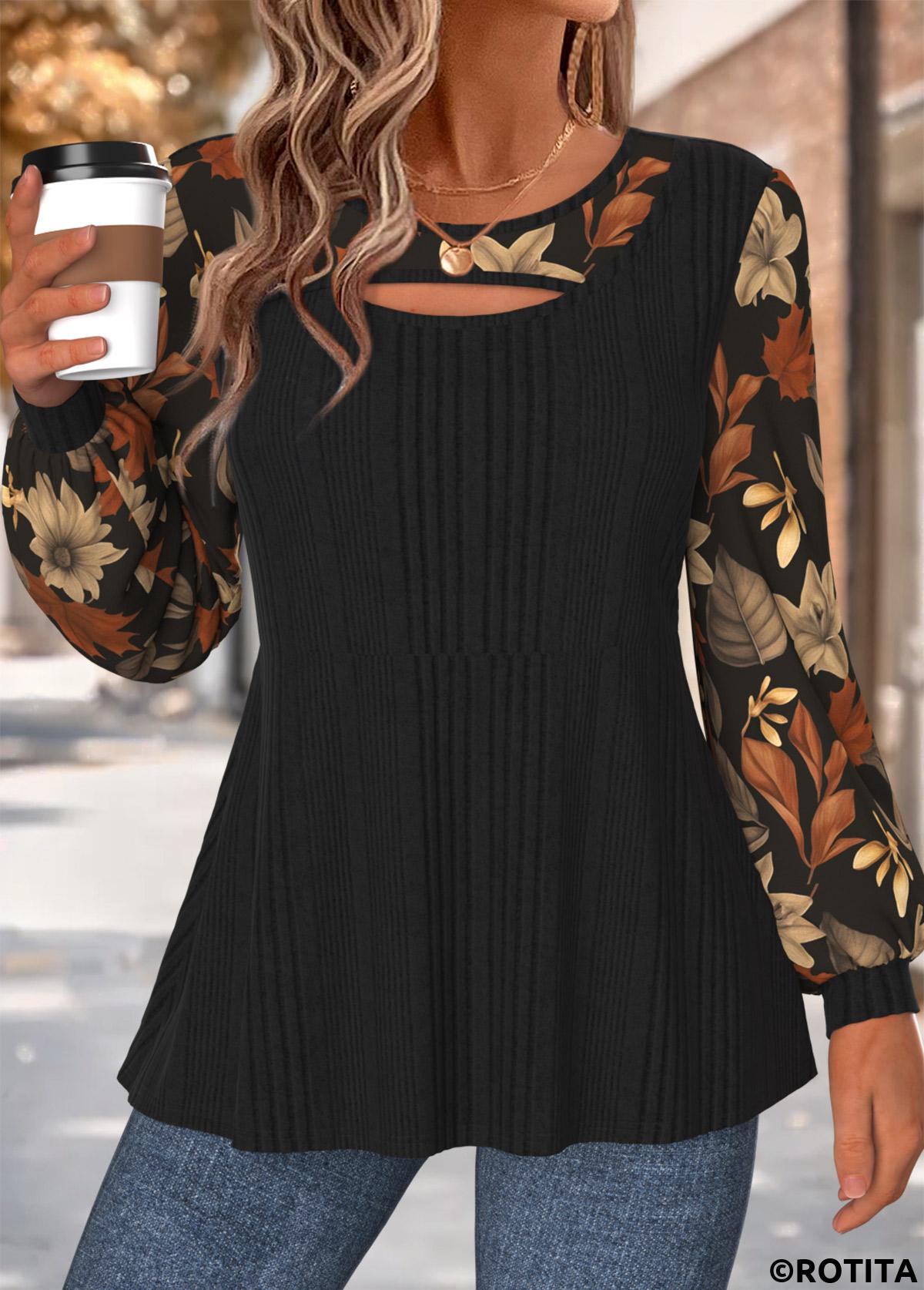 Black tops,Floral tops,Plants tops,ROTITA Layered Floral Print Black Round Neck T Shirt