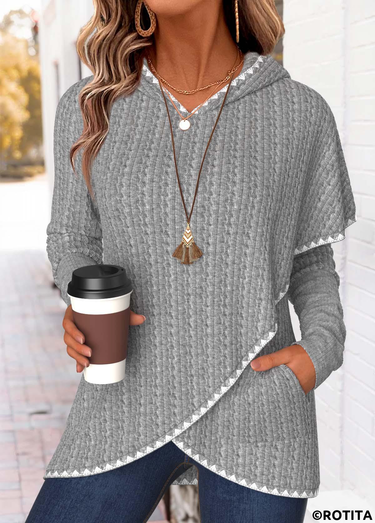 Light Grey Marl tops,Plain Color tops,ROTITA Tummy Coverage Light Grey Marl Long Sleeve Hoodie