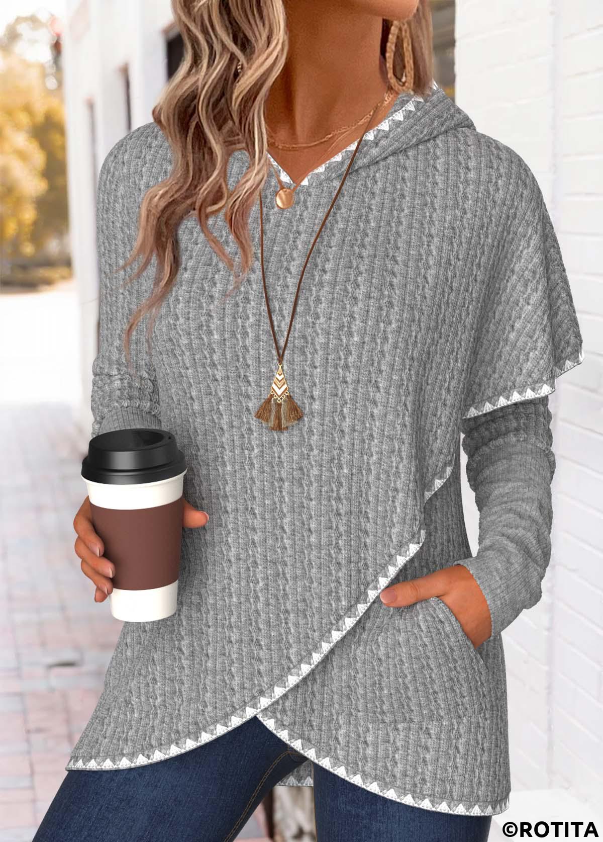 Light Grey Marl tops,Plain Color tops,ROTITA Tummy Coverage Light Grey Marl Long Sleeve Hoodie