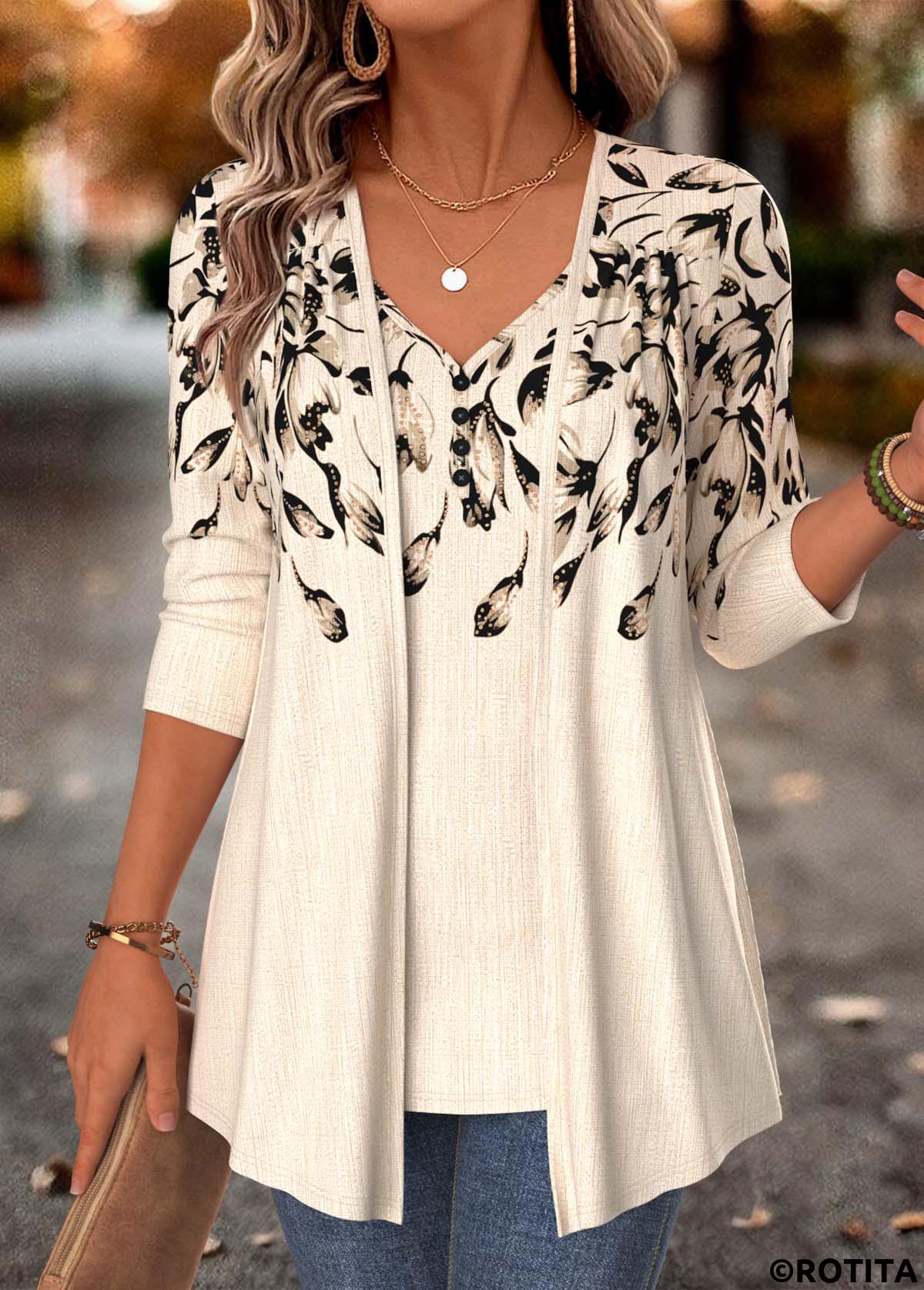 Beige tops,Floral tops,Plants tops,ROTITA Floral Print Beige Fake Two Piece Twinset