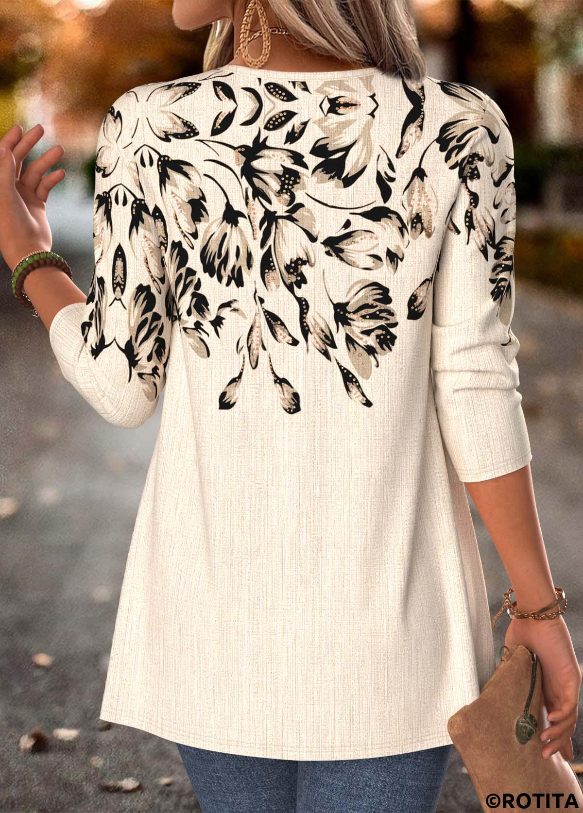 Beige tops,Floral tops,Plants tops,ROTITA Floral Print Beige Fake Two Piece Twinset